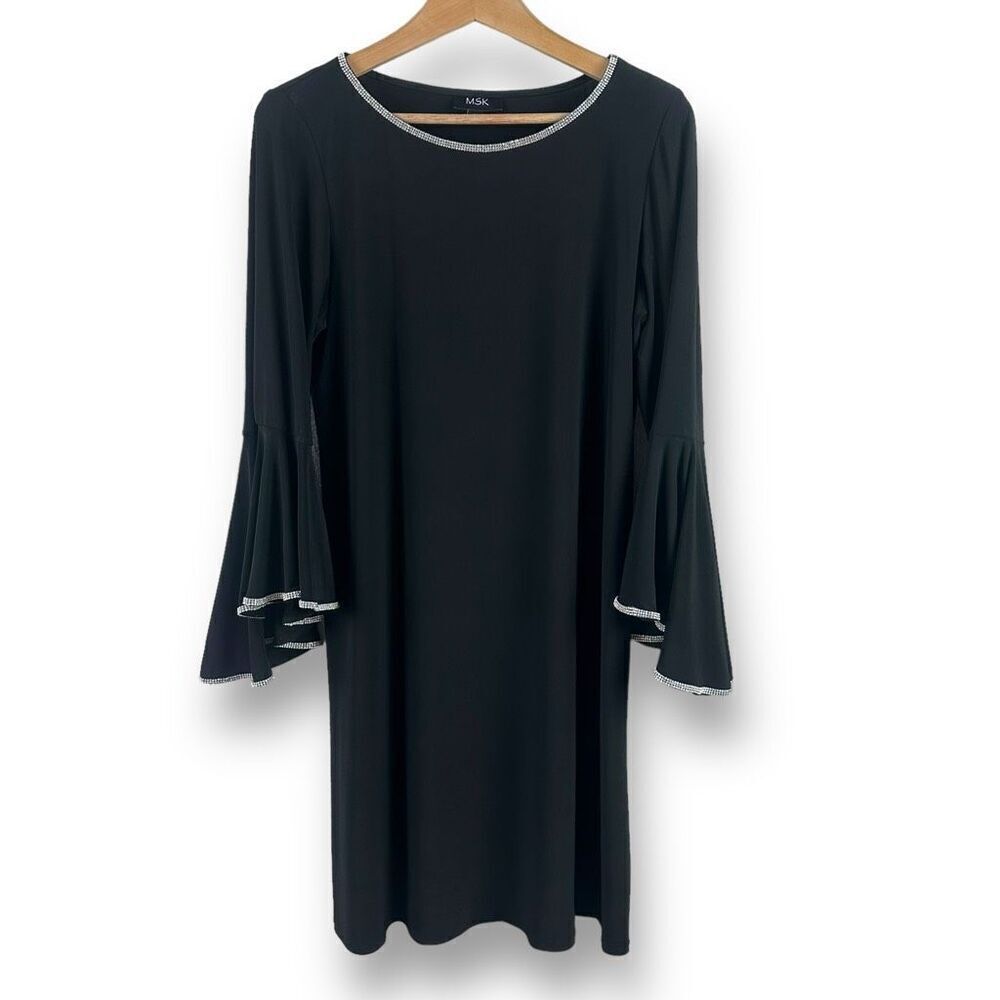 MSK Women's M Statement Bell Sleeve Knee Length Dress Black Rhinestone Hem Glam